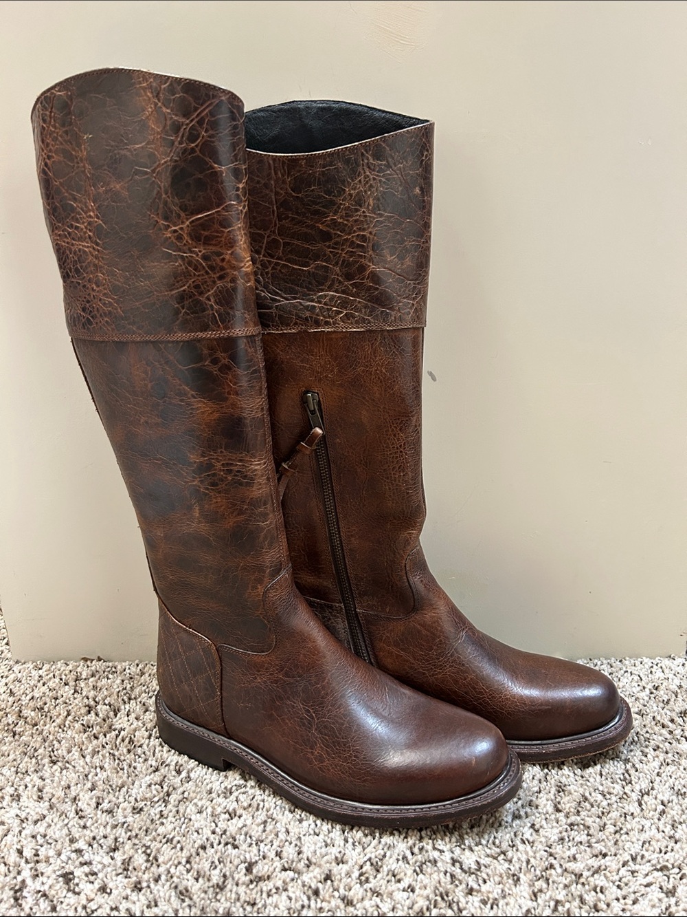 Lucchese Distressed Brown Leather Tall Zip Riding Boots - Picture 2 of 11